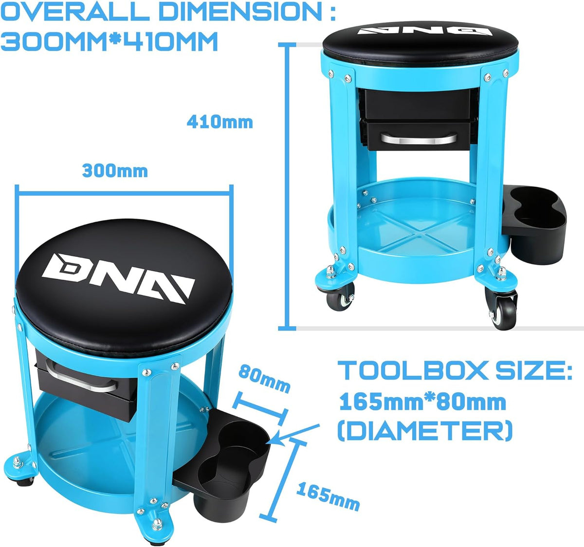 DNA MOTORING Round Mechanics Roller Seat Creeper Stool with Padded Cushion, Tool Storage Drawer & Tray, 300 Lbs Max Weight Capacity, Blue, TOOLS-00492
