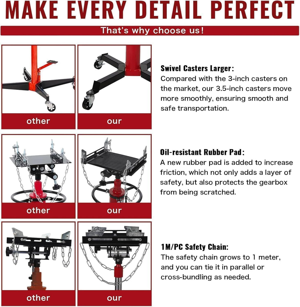 Transmission Jack with 1 Stage Hydraulic Ram, 1322 LBS Hydraulic Telescoping Transmission Jack with Foot Pedal & 360° Swivel Wheels, Heavy-Duty Garage/Workshop Jacks for Car/Truck Repairs, Red