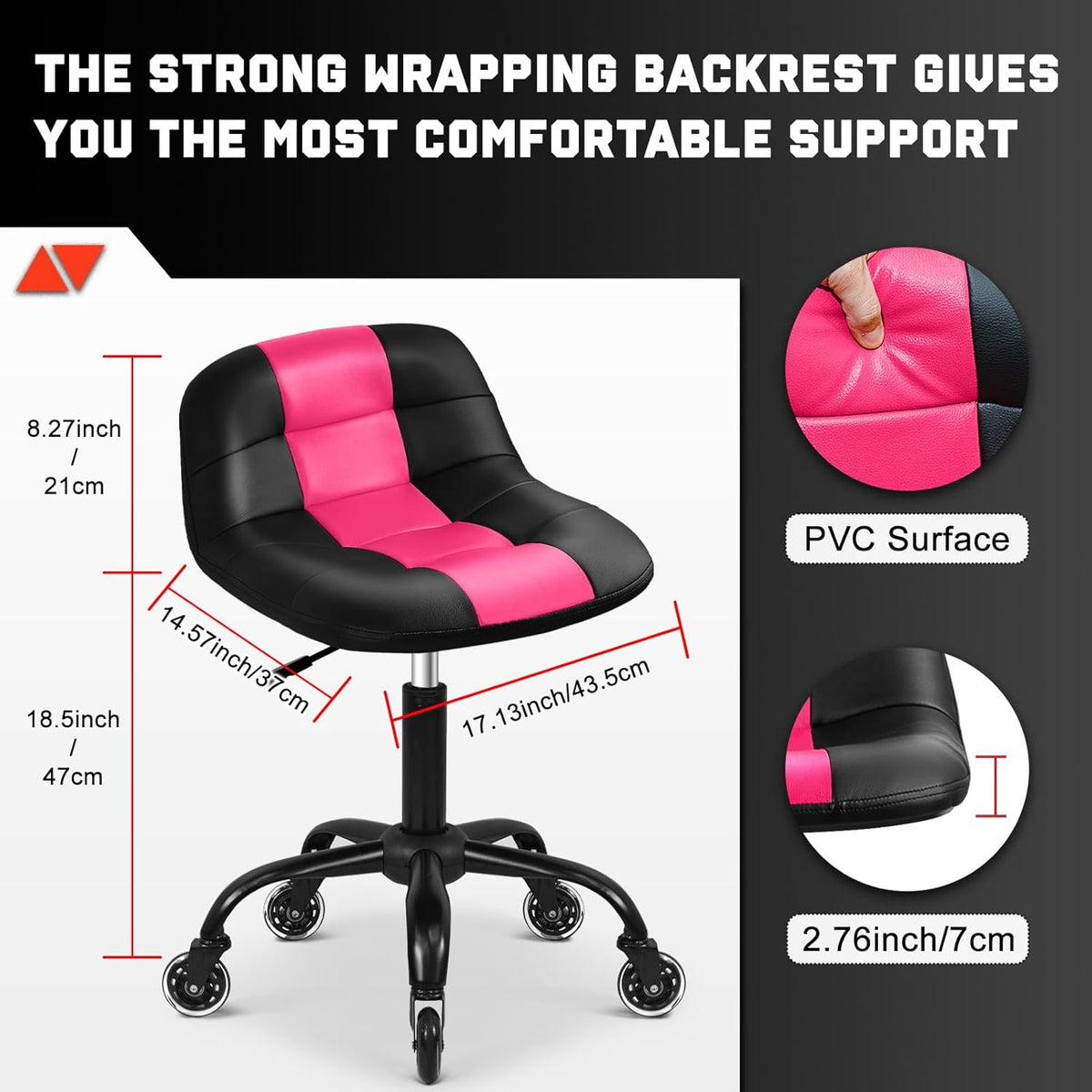 Rolling Stool with Wheels, Garage Shop Stool with Backrest, Roller Seat with Pneumatic Adjustable Height 16.93"-19.69", Heavy Duty Multi-Purpose Chair for Shop Salon Office Home, Pink