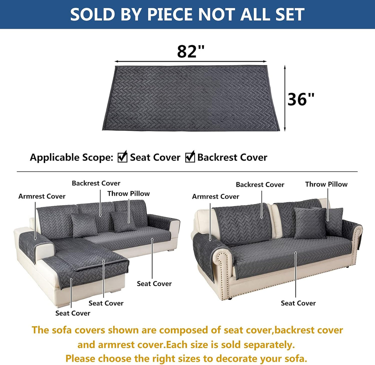 Eismodra Couch Cover,Sectional Couch Covers,Sofa Covers for 3 Cushion Couch,Anti-Slip Sofa Slipcovers for Dogs Cats Kids Loveseat Recliner L Shaped Armrest Backrest,Dark Gray 36''x82''(Only 1 Piece)