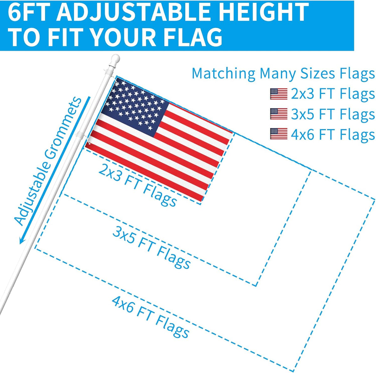ZMTECH Flag Pole - Upgraded Bracket, (2 Packs) 6 FT Stainless Steel Flag Poles for Outside House, Residential or Commerical, Tangle Free Flag Pole Kit for American Flag (Without Flag, White)