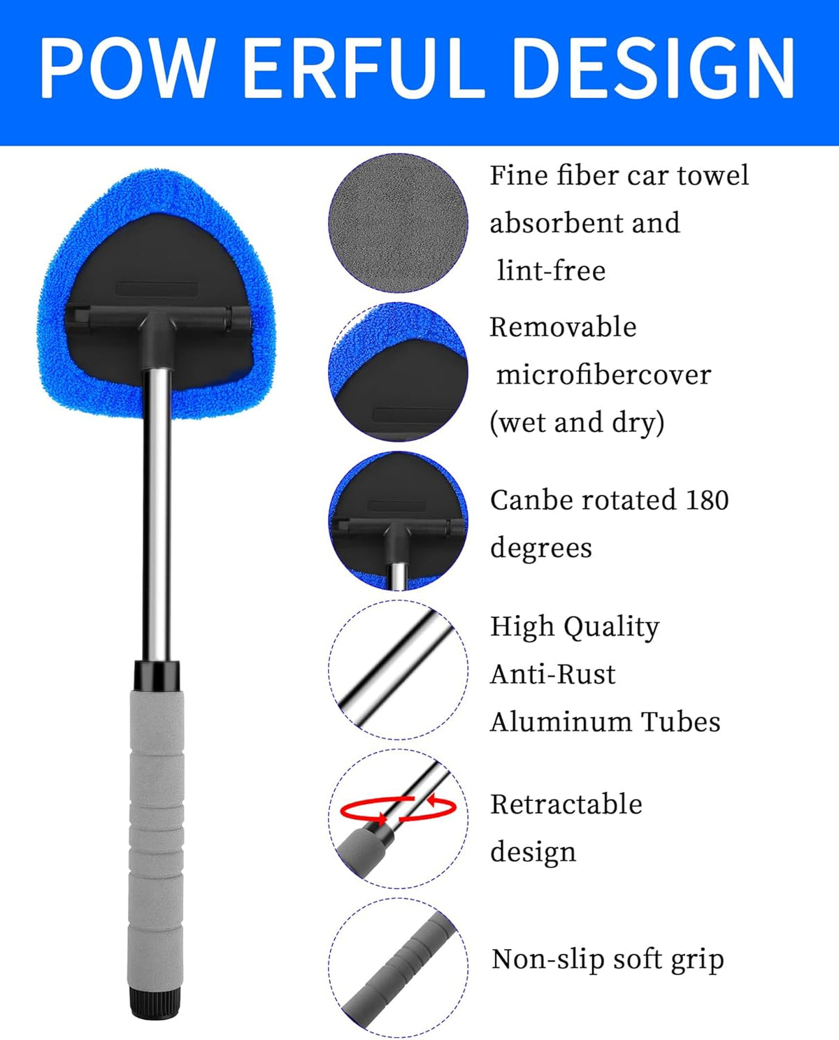 Auto Window Cleaning Tool, Retractable Windshield Cleaner Wand, Car Window Glass Cleaning, Double Sided car Window Cleaner, Microfiber Mirror Cleaning Tool kit. Car Interior Cleaning. (Blue)