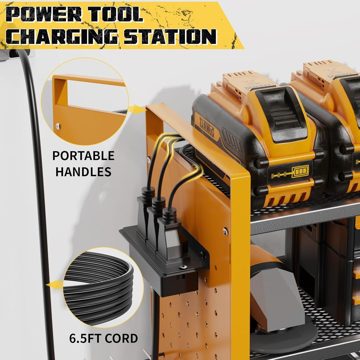 Power Tool Organizer with Charging Station Wall Mount, 3 Layer Expanded Heavy Duty Garage Organization, 48.8 Inch Length Garage Tool Storage, 4 Drill Slot, 16" Standard Hole, Yellow
