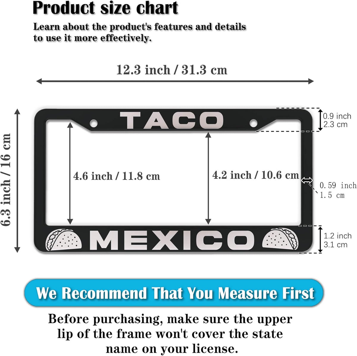 License Plate Frames Multicolor Automotive Exterior Accessories Taco Mexico Universal Aluminum Car Accessory 2 Pack with Screw Covers Set
