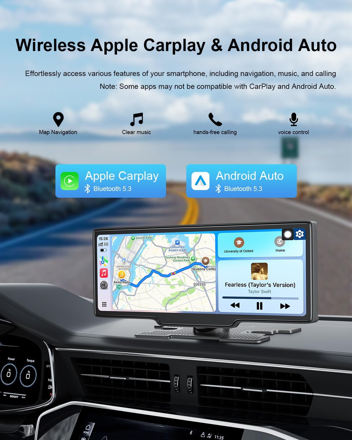 Portable Carplay Screen 10.26'' HD IPS Apple Carplay & Android Auto Screen for Car, Wireless Car Play Stereo with 4K Dash Cam/1080P Rear Camera, Car Audio Receivers,GPS Navigation,Mirror Link,FM,Siri