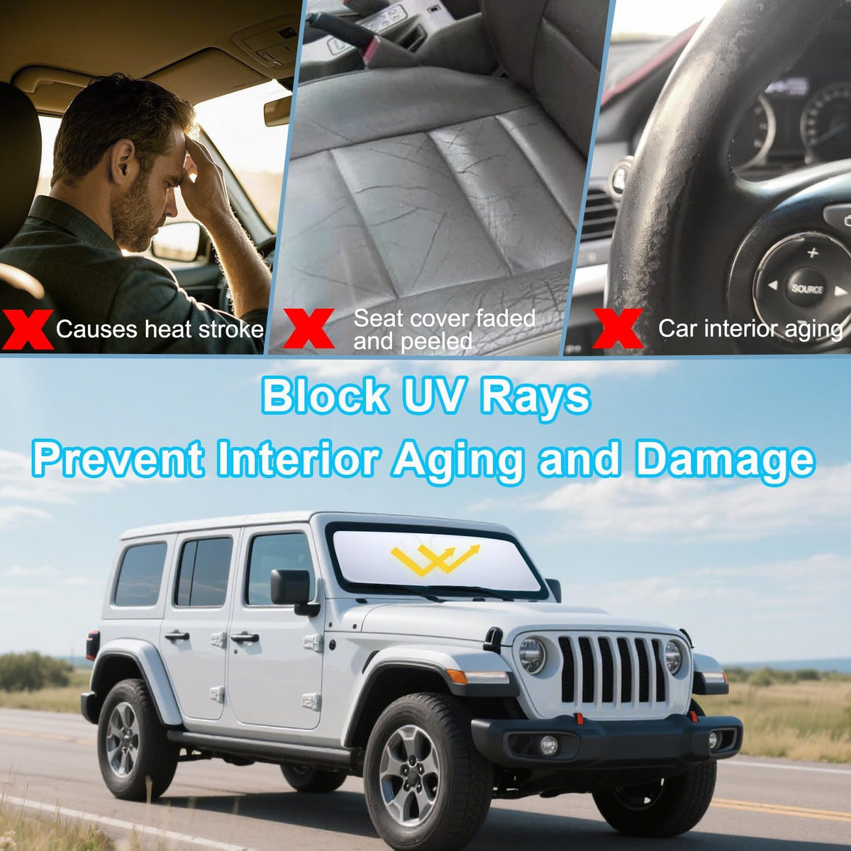 Premium Windshield Sun Shade for 2018-2025 Jeep Wrangler JL JLU & 2020-2025 Jeep Gladiator, Reflective 310T Material Front Window Sun Visor Blocks UV Rays Foldable Sunshade with Storage Pouch