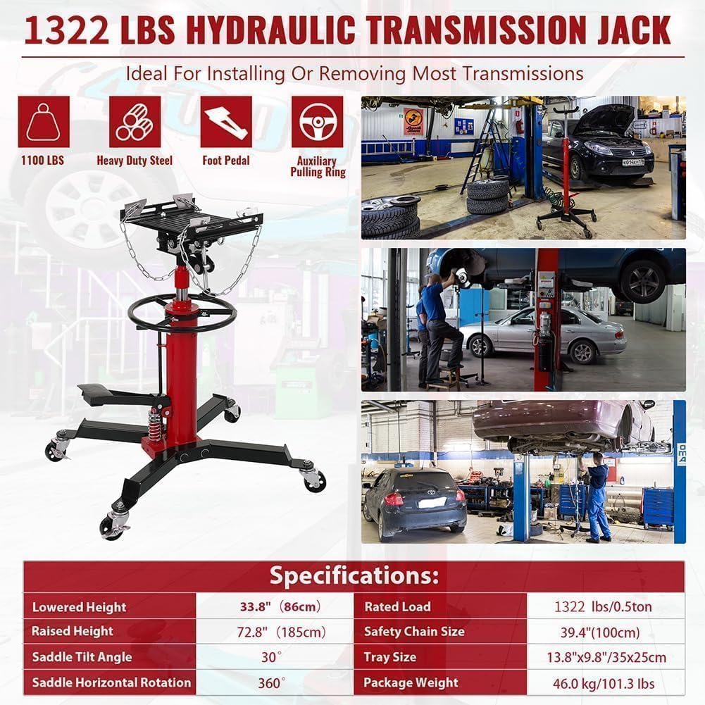 Transmission Jack with 1 Stage Hydraulic Ram, 1322 LBS Hydraulic Telescoping Transmission Jack with Foot Pedal & 360° Swivel Wheels, Heavy-Duty Garage/Workshop Jacks for Car/Truck Repairs, Red