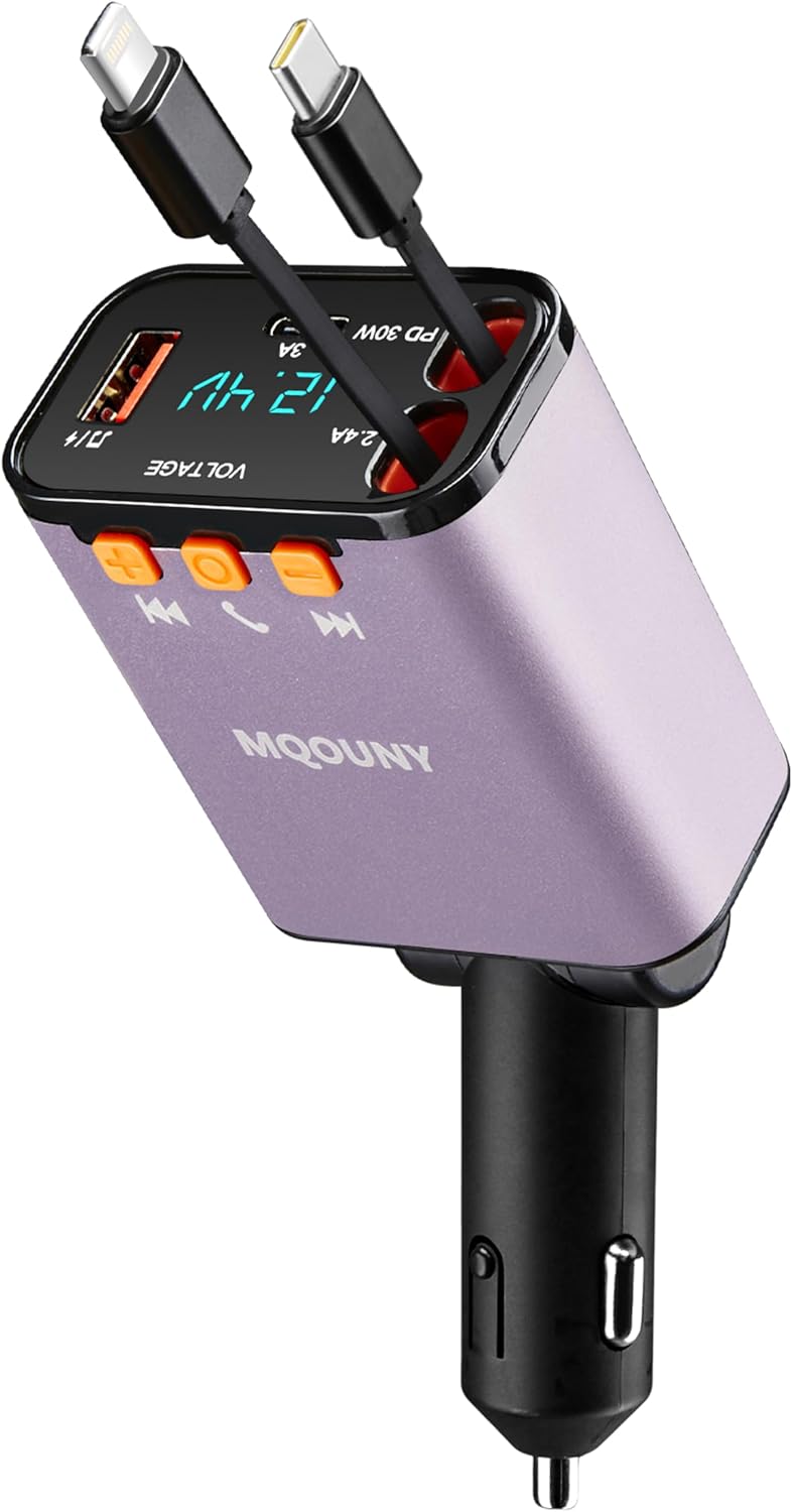 Retractable Car Charger,5 in 1 Fast Cars Phone Charger 60w,Bluetooth 5.3 FM Transmitter Adapter,Handsfree Call,MP3 Player,2 Retractable Cables and USB Chargers, for Phone,Galaxy,Pixel (Purple)
