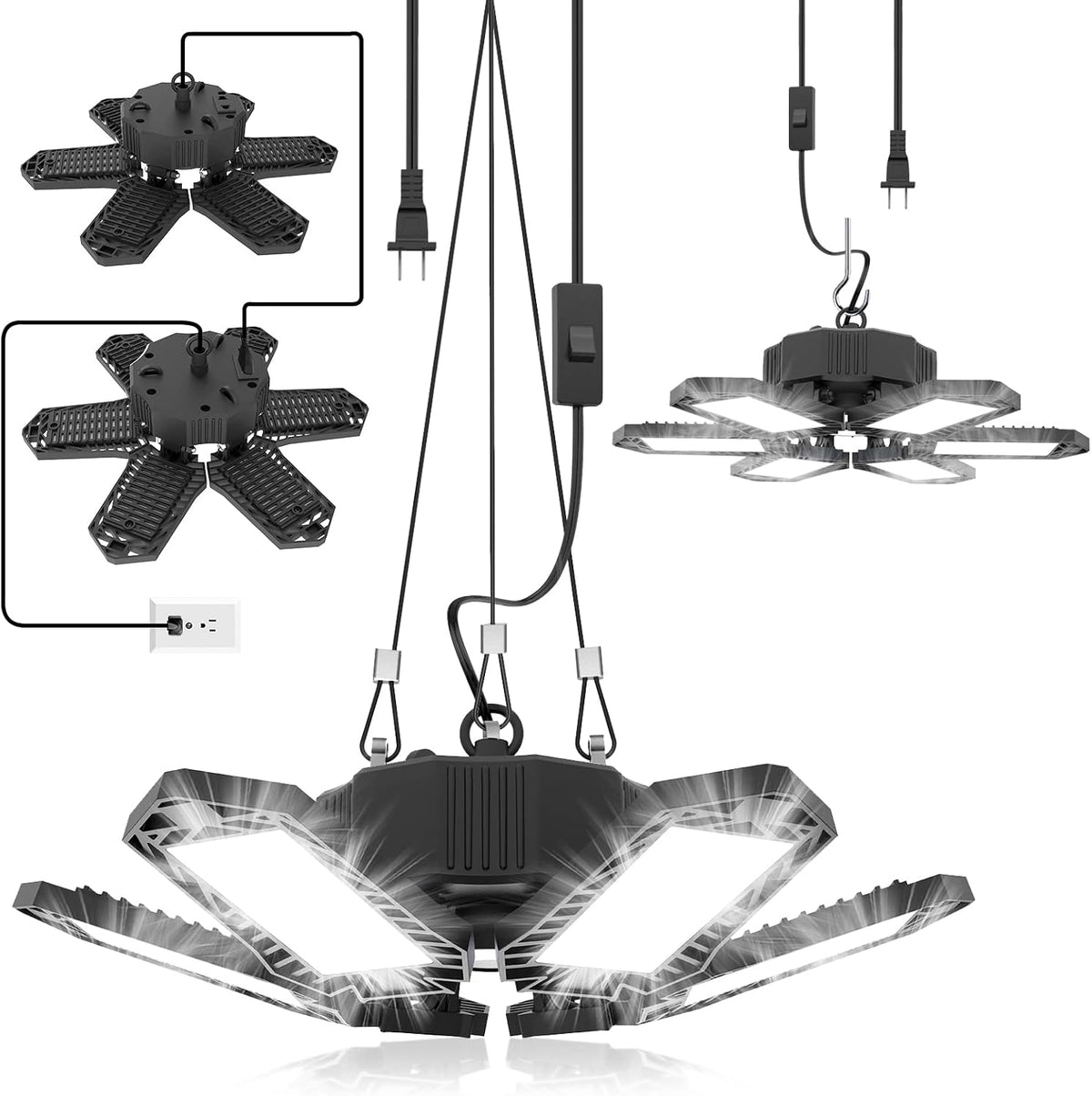 SEOBIOG 2 Pack Plug in Garage Light, Upgraded 200W 20000LM Linkable LED Shop Light, 6500K Ceiling Lights w/ 6 Deformable Panels for Garage, Warehouse, Barn, Basement (Built-in ON/Off Switch)