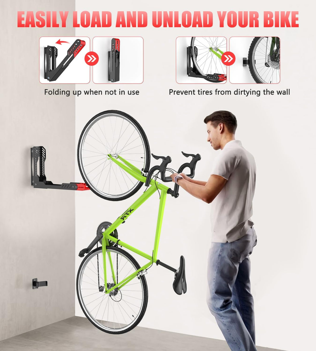 Bike Wall Mount 2 Pack Swivel Bike Rack for Garage, No Heavy Lifting Required Wall Bike Hangers Can Holds up to 77 lbs, Red