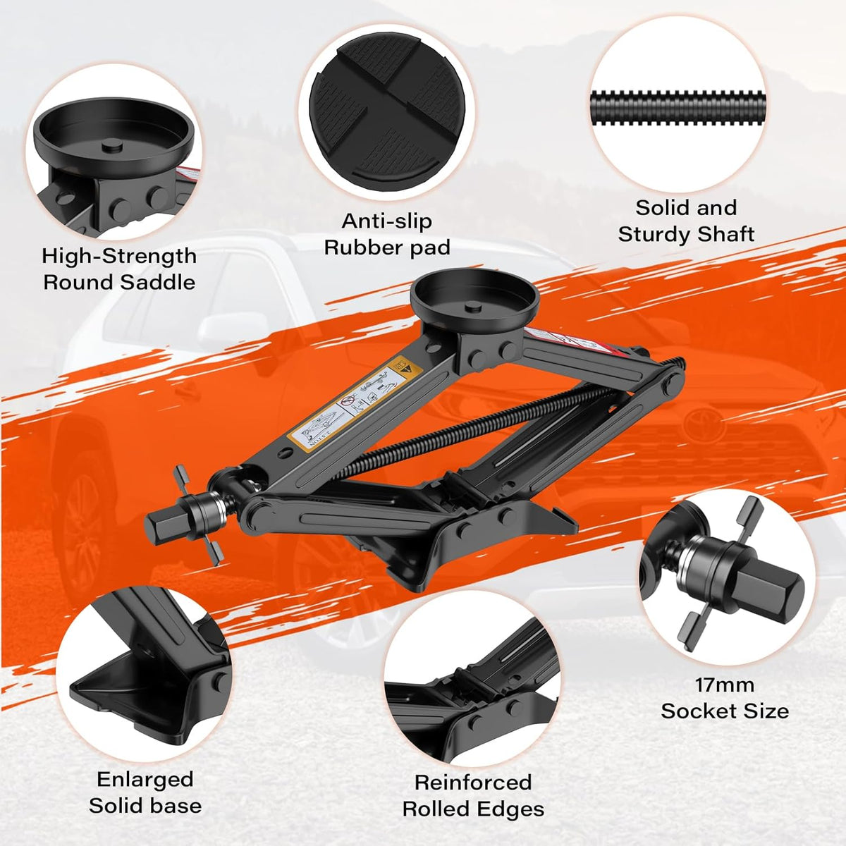 Portable Car Scissor Jack 2 Ton, Rubber Top Car Lift Jack with Ratcheting Handle,Tire Changing kit for Auto SUV MPV