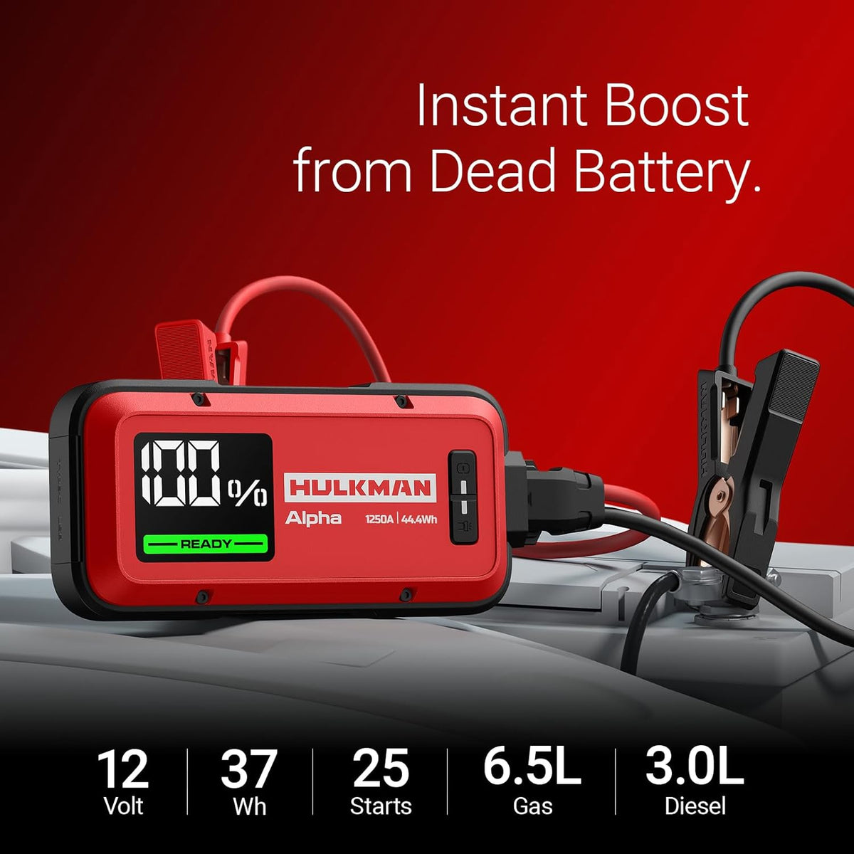 Hulkman Alpha, Ultra Red, 1000A 37Wh Battery Jumper Starter Portable, 12V Modern Car Jump Box with Jumper Cables, for 6.5L Gas/3.0L Diesel Engines, 65W Fast Charging, IP65 Rated, Large LED Display