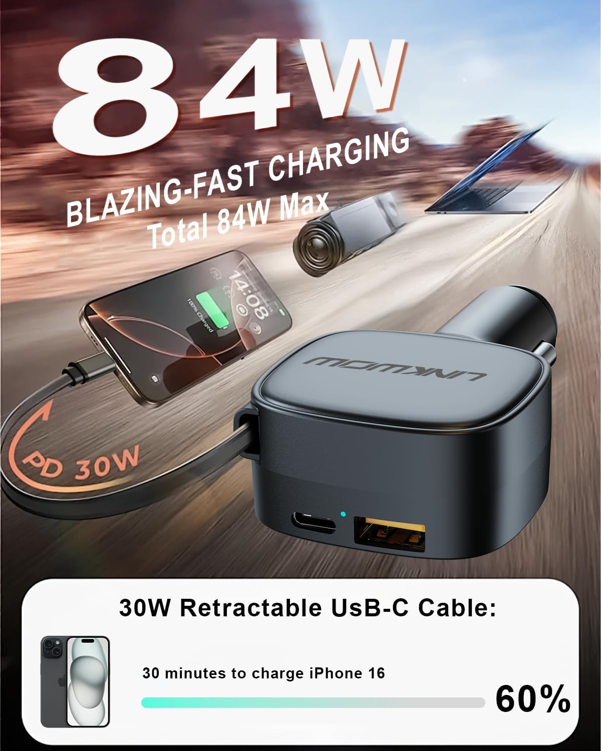 Retractable Car Charger USB C, 84W Max, Ultra-Compact, Type-C Fast Charger with Built-in Retractable USB-C Cable, Car Adapter for iPhone 16/15 Series, MacBook Pro/Air, iPad, AirPods Black