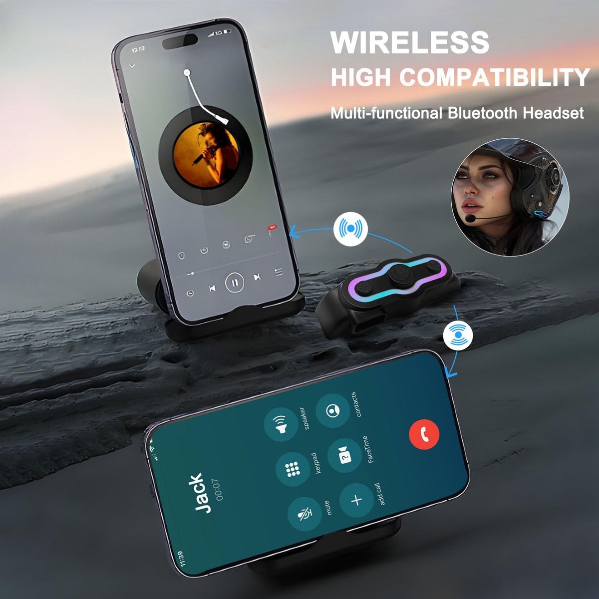 Motorcycle Helmet Bluetooth Headset Motorcycle Helmet Speaker IPX6 Waterproof Sports Headset,Automatic Answer,Music Call Control,RGB Light,Intelligent Noise for All Helmets