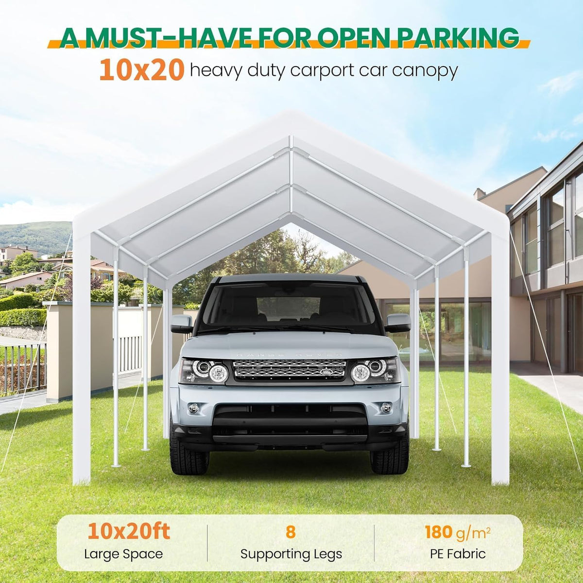 COBIZI Carports 10x20 Heavy Duty Car Tent Garage, Galvanized Frame Car Canopy Outdoor Shelter Waterproof & UV Protected with Windproof Ropes & Built-in Sandbags for Car Truck Boat, White