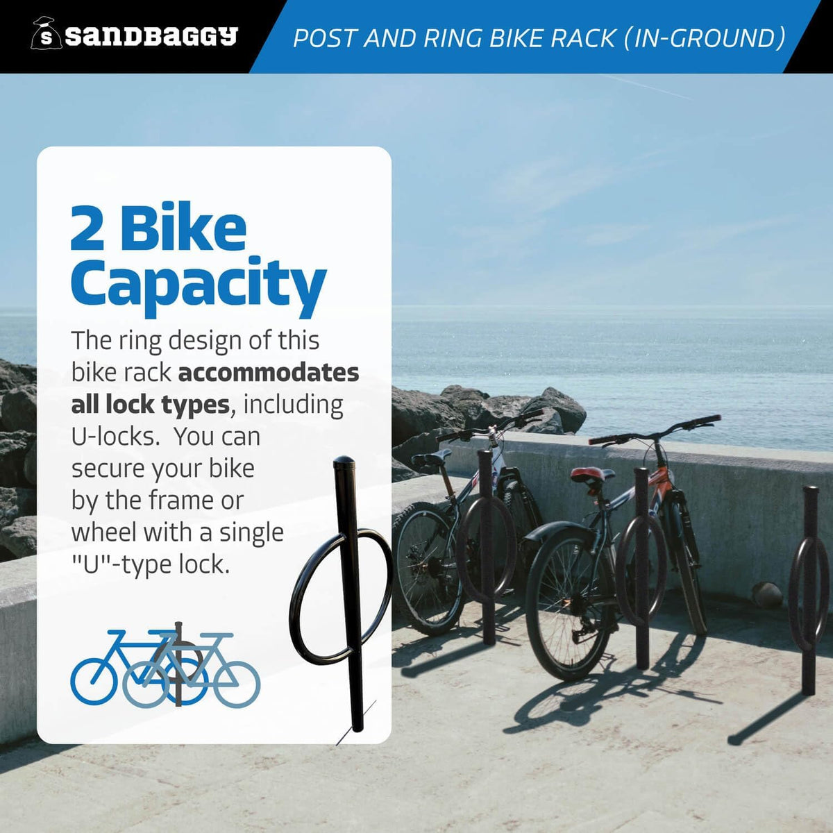 Sandbaggy Post and Ring Rack - In Ground - Commercial Outdoor Bike Parking & Storage Racks (Blue, 2)