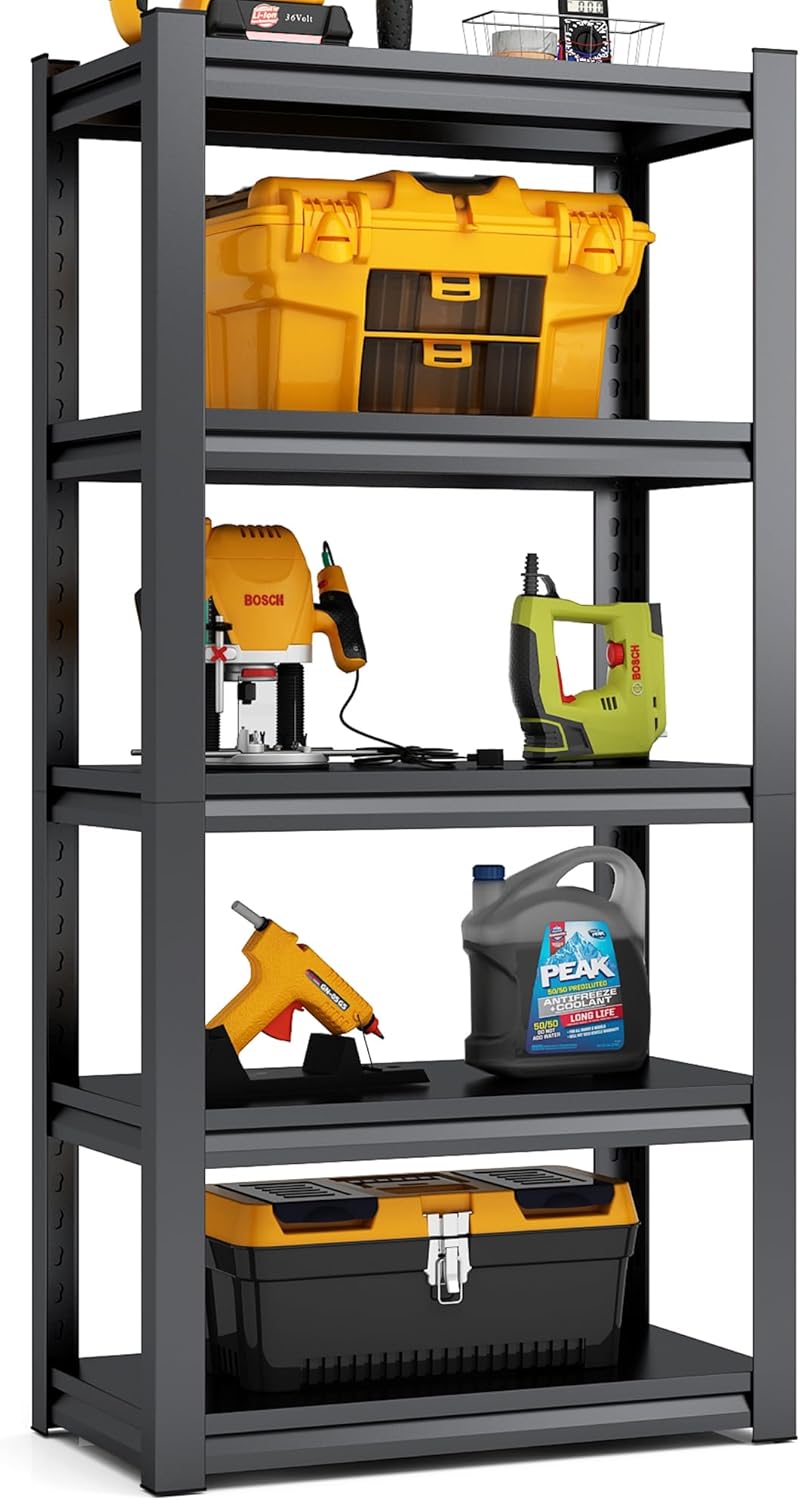 TOPKEY 5-Tier Utility Shelves Garage Storage Shelves, Heavy Duty Metal Storage Shelf for Garage, Kitchen, Warehouse, Adjustable Basement Storage Rack, Load 2000LBS, 63" H x 31.5" W x 15.8" D