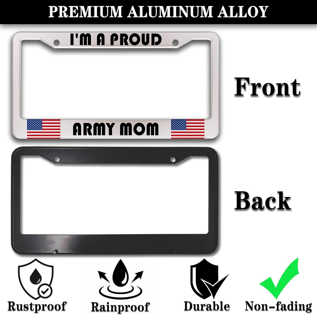 License Plate Frame Holder Black and White License Plate Frames I’m a Proud Army Mom Universal Aluminum Car Accessory 2 Pack with Screw Covers Set