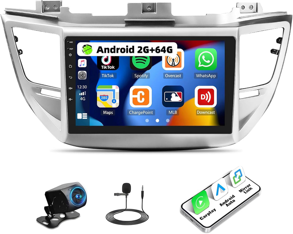 2G+64G 9 Inch Android Car Stereo for Hyundai Tucson 2015-2018 Radio Wireless Apple CarPlay Android Auto Bluetooth Touchscreen GPS Navigation Head Unit WiFi FM USB SWC Split Screen+AHD Backup Camera