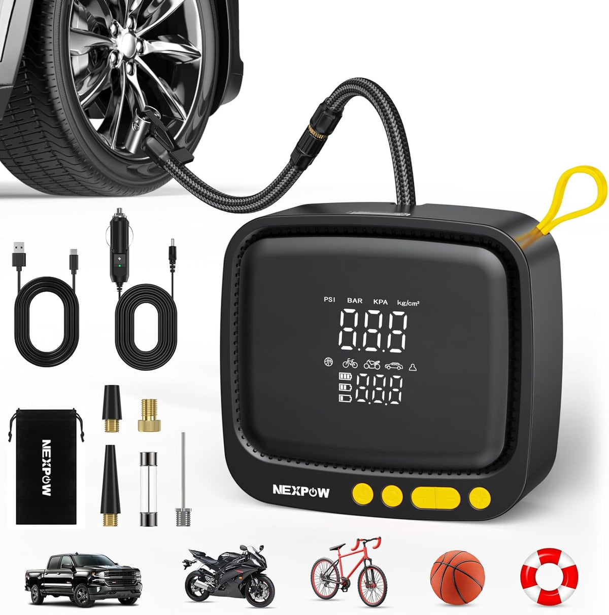 NEXPOW Tire Inflator Portable Air Compressor, 180 PSI Cordless Air Pump for Car Tires with Digital Pressure Gauge & Auto Shut-Off, Air Compressor Portable for Car, Motorcycle, Bicycle, Ball, Yellow