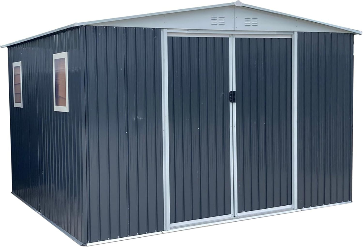 10x12 FT Outdoor Storage Shed, Large Metal Garden Shed with 4 Windows, Outside Tool Shed with Lockable Sliding Doors, Waterproof Storage Building with 4 Air Vents for Backyard, Patio, Lawn, Gray