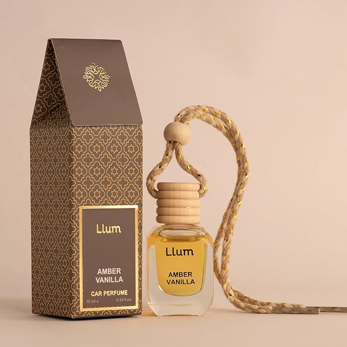 Llum Amber Vanilla Hanging Car Air Freshener – Luxury Automotive Perfume Diffuser 10ml (0.34 fl oz), Long-Lasting Fragrance, Alcohol-Free Non-Toxic Car Scent, Glass Bottle With Wood Cap