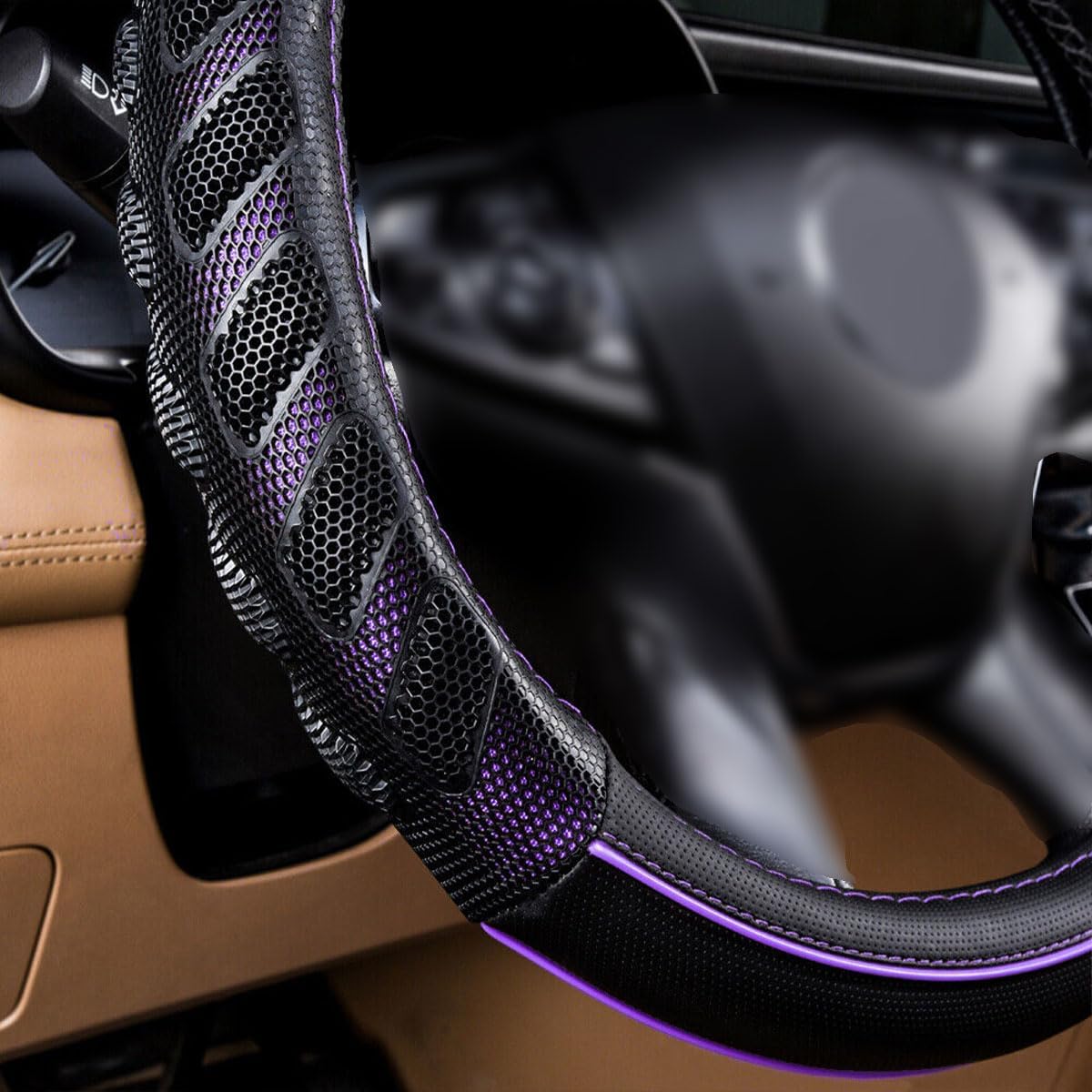 Flying Banner car Steering Wheel Cover Faux Leather Massage Universal fit 3D Honeycomb Hole Anti-Slip Sporty 15 Inches (Purple Black)