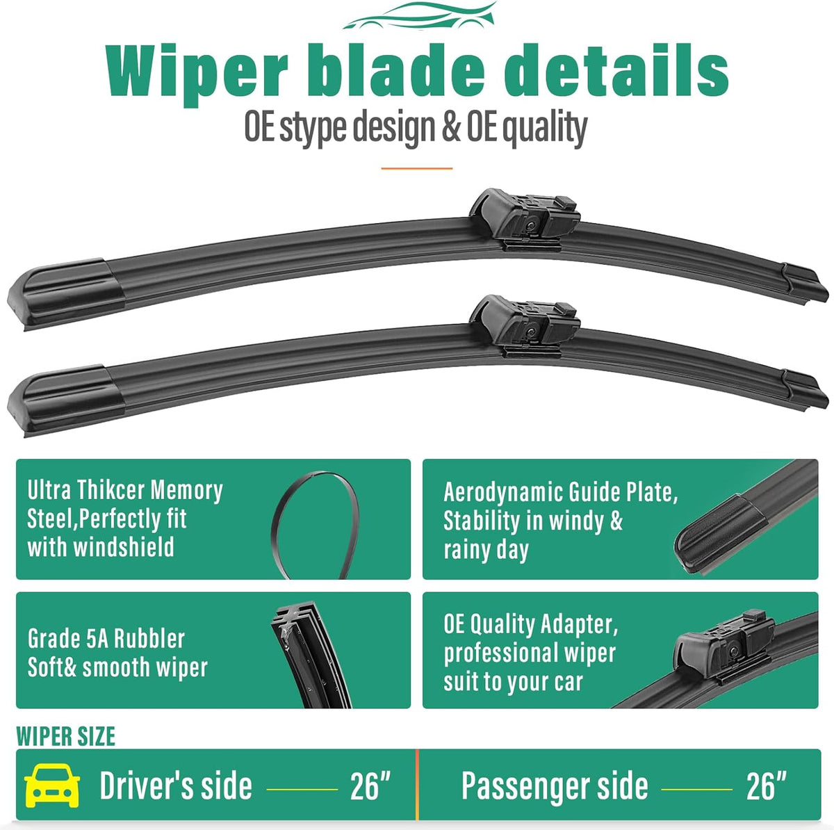 26" 26" 12" Windshield Wiper Blades Replacement for Chevrolet Chevy Bolt EV 2017 2018 2019 2020 2021 Premium All Weather Front Rear Wipers Set - OEM Quality (Pack of 3)