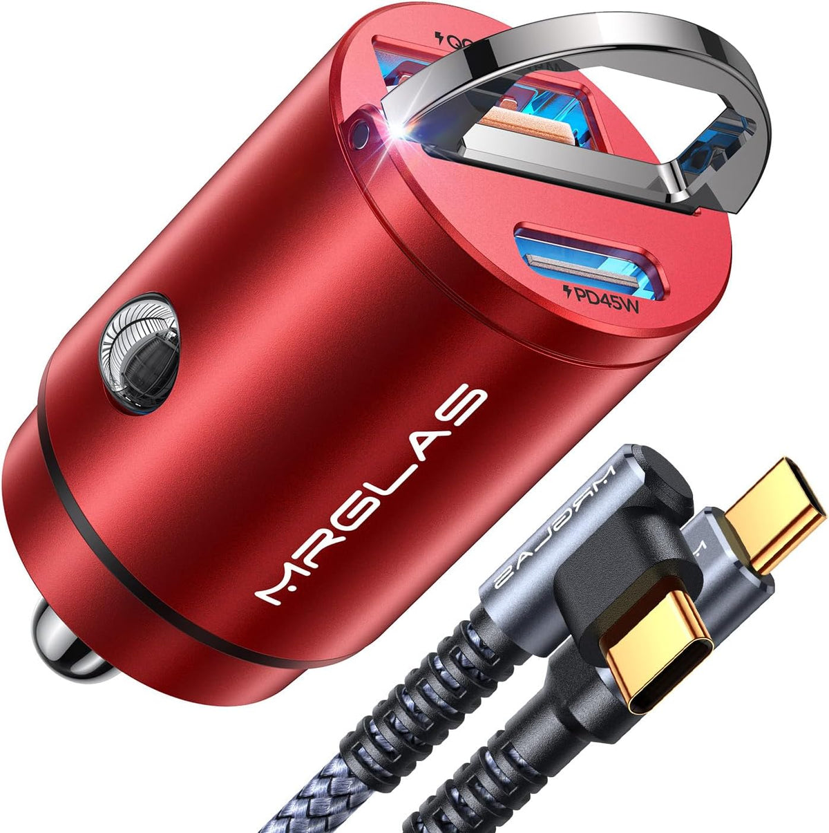 MRGLAS 90W USB C Car Charger Fast Charge, PD45W & QC45W, Flush Fit, Extra 3.3ft Type C Cable, All Metal, Cigarette Lighter USB Charger for iPhone 16 15 Pro Samsung S25 S24 S23 Ultra Pixel 8/8Pro/7-Red