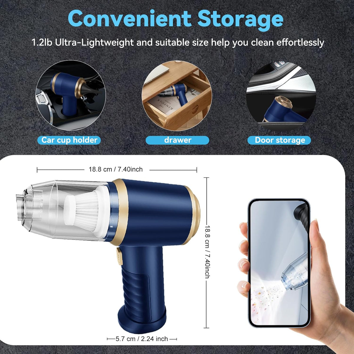 Mini Car Vacuum Portable Cordless Handheld Vacuum Cleaner and Air Duster 2 in 1 with Multi-Nozzles for Car, Computer, Sofa, Office, Pet, Home (Blue and Gold)