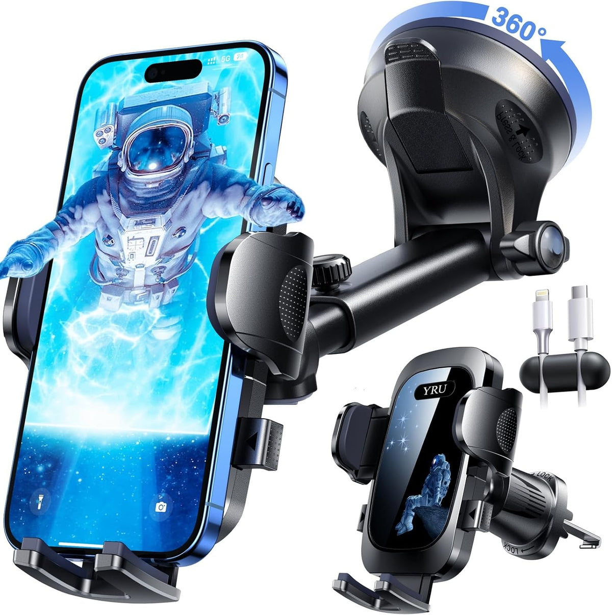 YRU True Military-Grade & 360 Degrees Rotatable Suction 2025 Ultimate Car Phone Holder Mount 90+LBS Safest Strongest Patent Certs Dashboard Windshield Vent for iPhone 16 15 Pro Max Samsung Dark Black