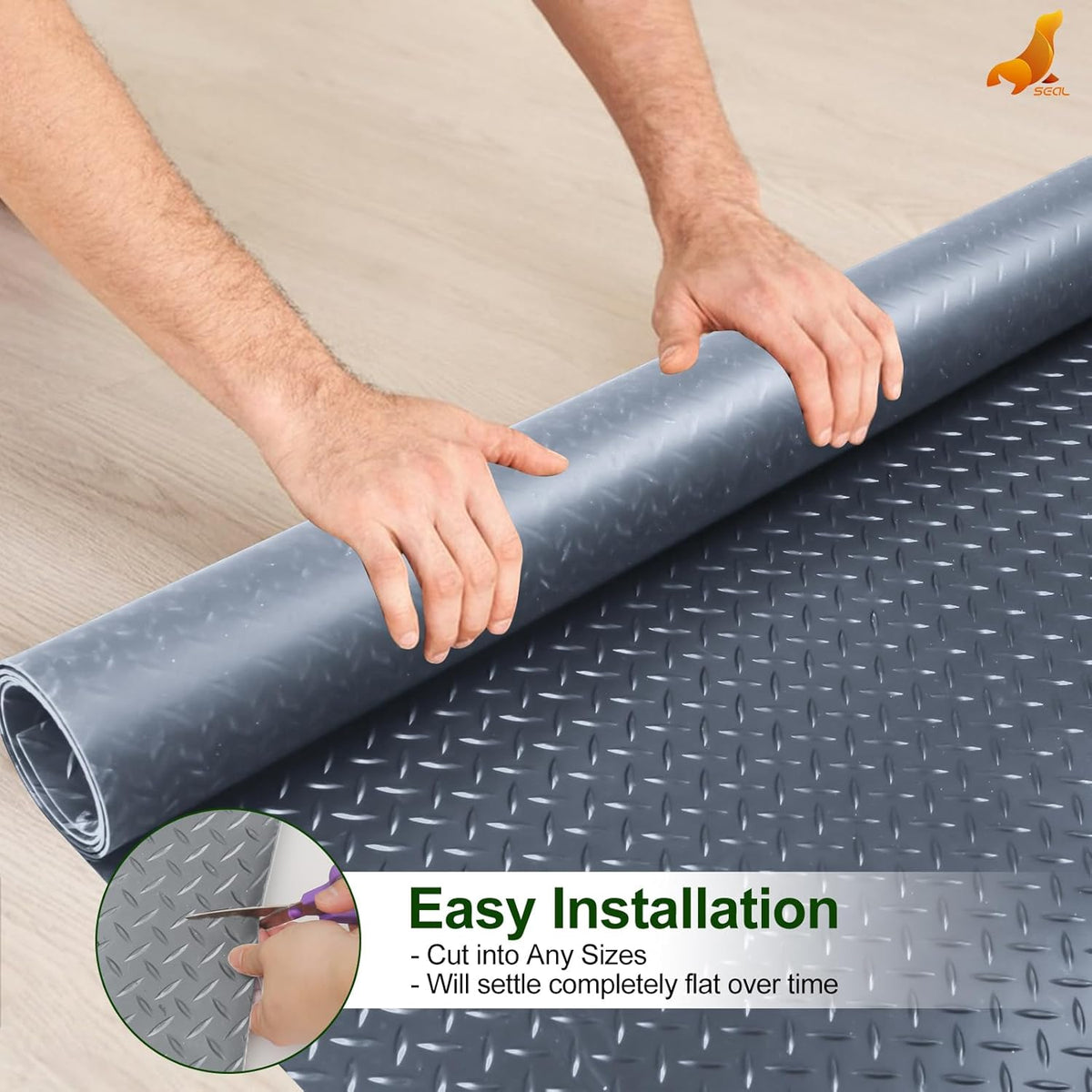 SEAL 4 x 10 Ft Premium Garage Floor Mat, Solid 2.8mm Thick Gray Commercial Grade Heavy Duty Parking Mat for Garage Floor, Golf Cart Parking, Water/Stain Resistant Floor Runner (Embossed Diamond Plate)