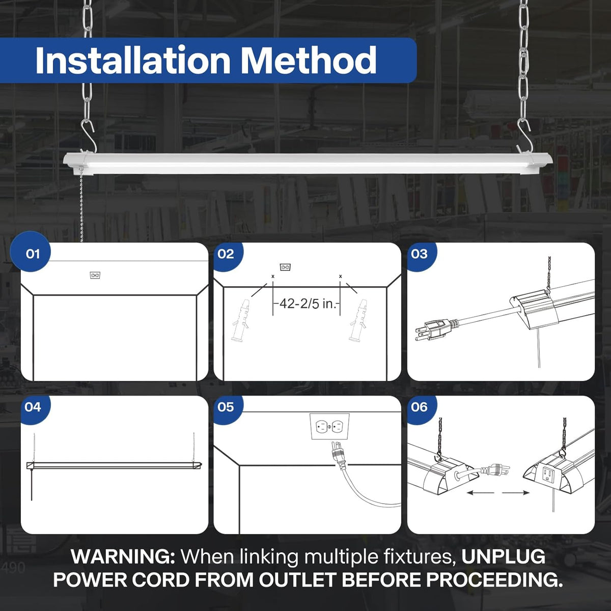 4-Pack 4ft Linkable Led Shop Light, Plug in Garage Lighting with Power Cord and Pull Chain, 7000lm Garage Ceiling Lights, Workshop Led Hanging Lights for Basements, Warehouses, ETL Listed
