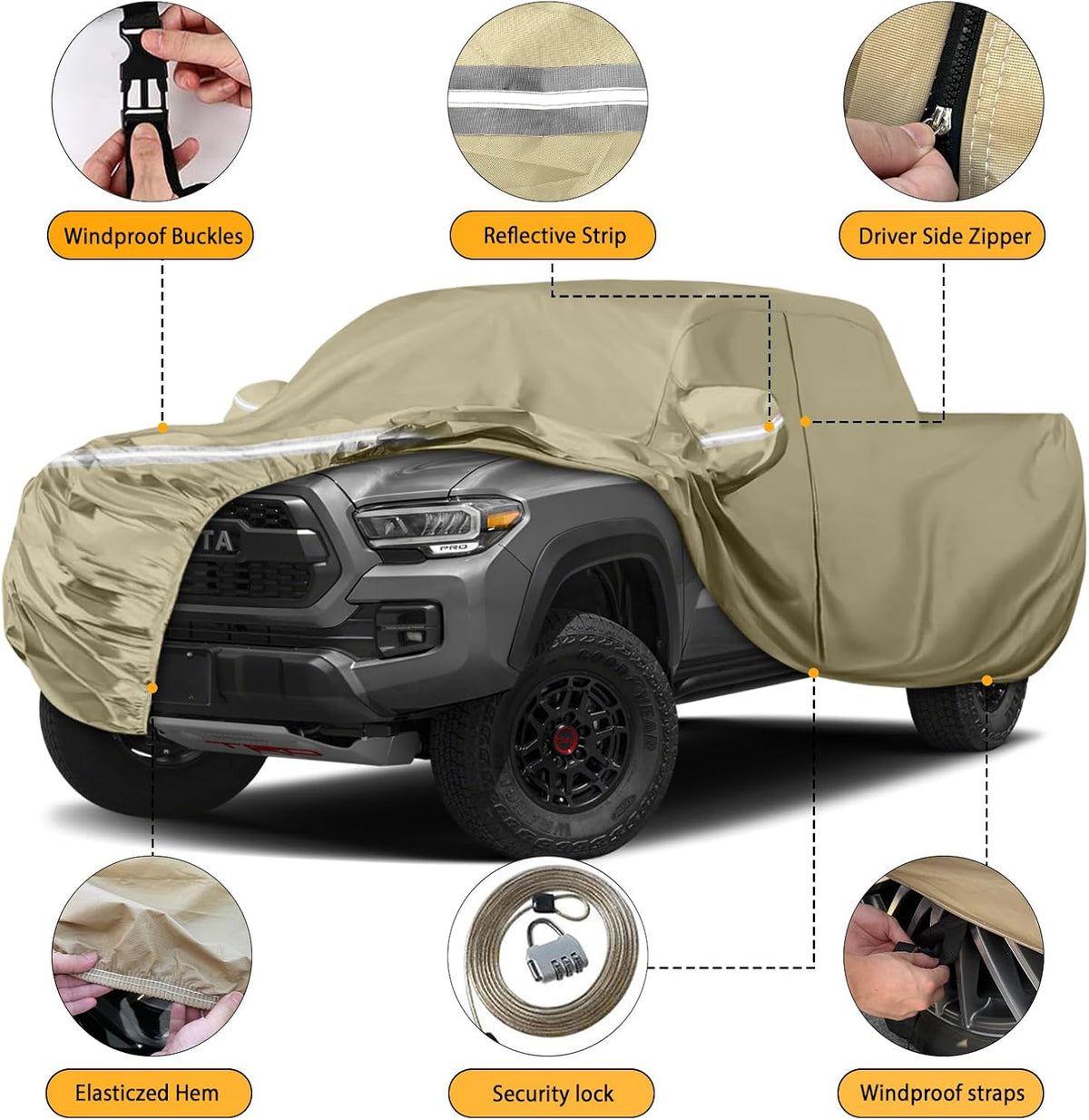 Waterproof Truck Covers Replace for 2005-2025 Toyota Tacoma CrewCab 6ft, Multilayer Heavy Duty with Cotton Liner All Weather Car Cover with Zipper Door, Windproof Bands for Snow Rain Protection