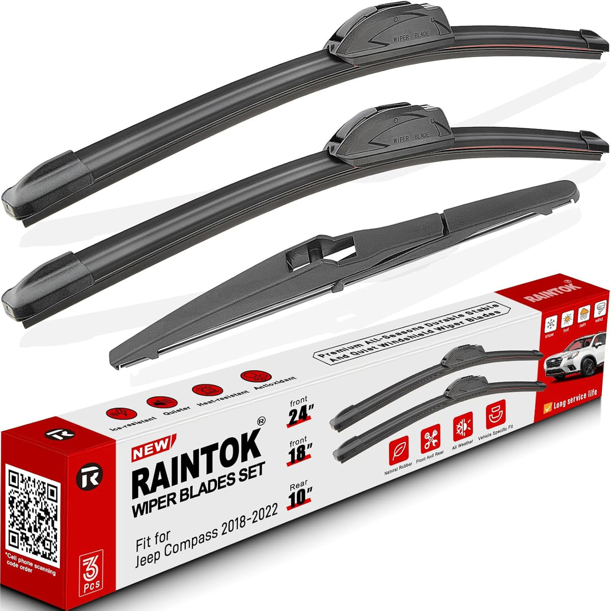 Windshield Wiper Blade Set Replacement for 2018-2022 Jeep Compass Original Equipment Replacement Front Wiper Blades-24"/18"/10" (Set of 3) U/J Hook