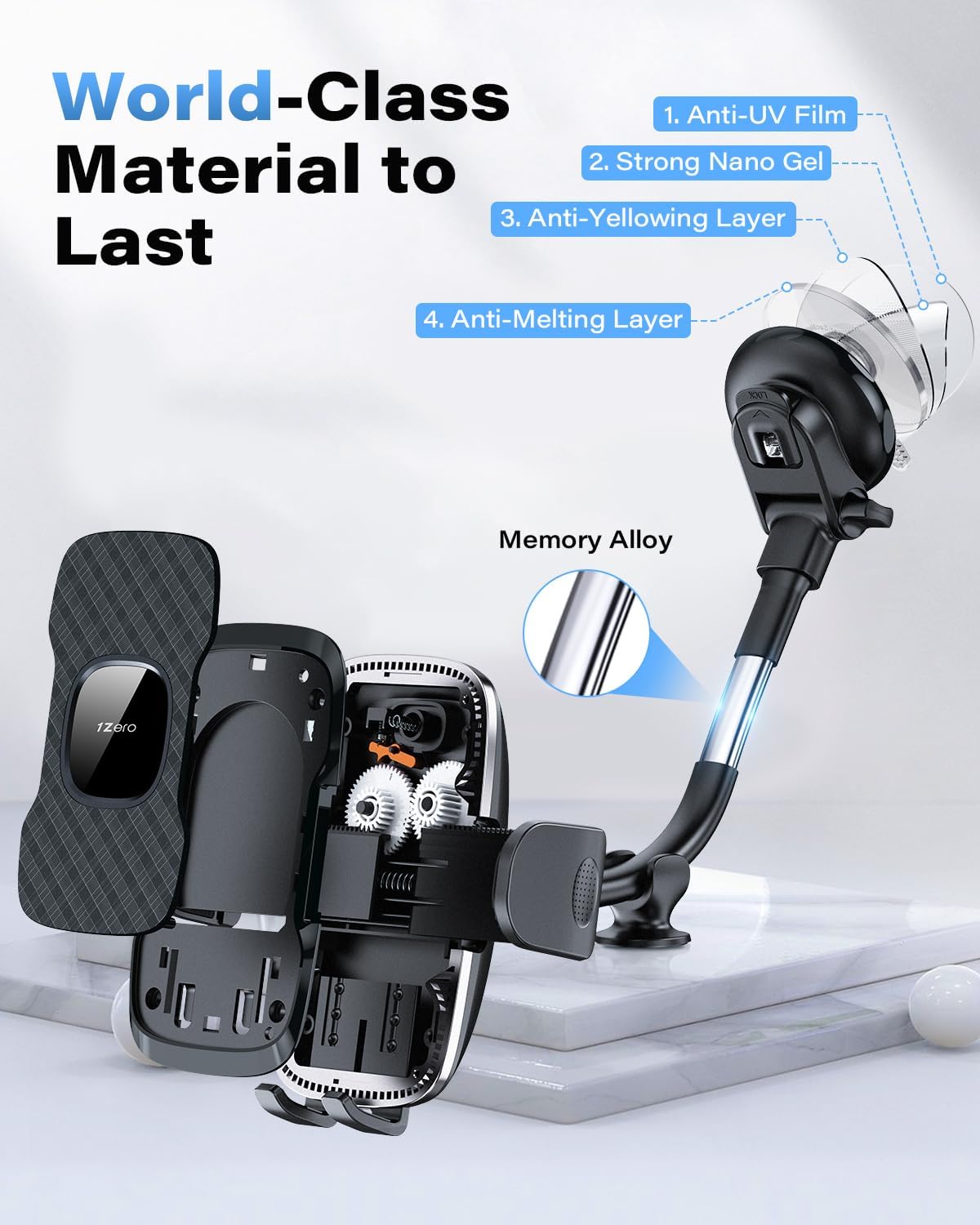 1Zero Solid Car Truck Phone Mount Holder with Thick Gooseneck Long Arm, Windshield Window Mobile Holders w/Industrial-Strength Suction Cup, Anti-Shake Stabilizer Compatible All Cell Phones, Black