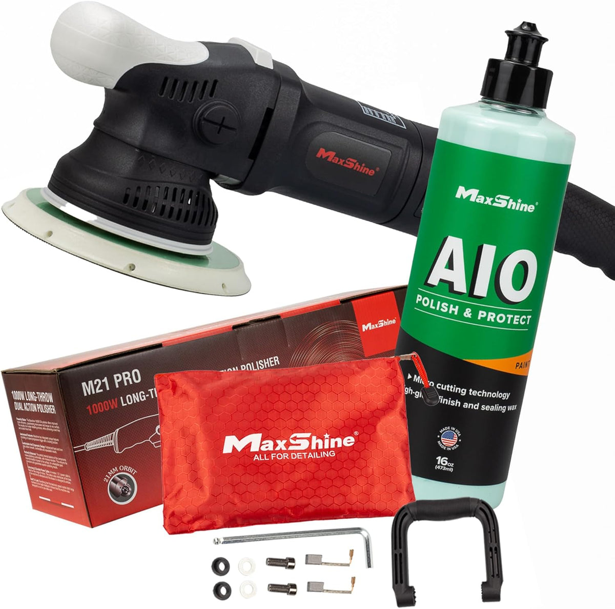 Maxshine 21mm, 6" Plate M21 Pro Dual Action Polisher & 16oz AIO Polish - 6-Speed, 5/16”-24 Thread - Auto Detailing Tool for Buffing, Paint Protection, Swirl & Scratch Repair, Glossy Shine, Restoration