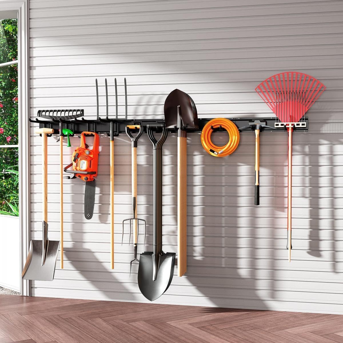 Garage Tool Organizer Wall Mount, Garage Storage, Garage Organization,64 Inch Garage Organizer Wall Mounted,4 Rails and 10 Adjustable Hooks,Max 550lbs (Black)