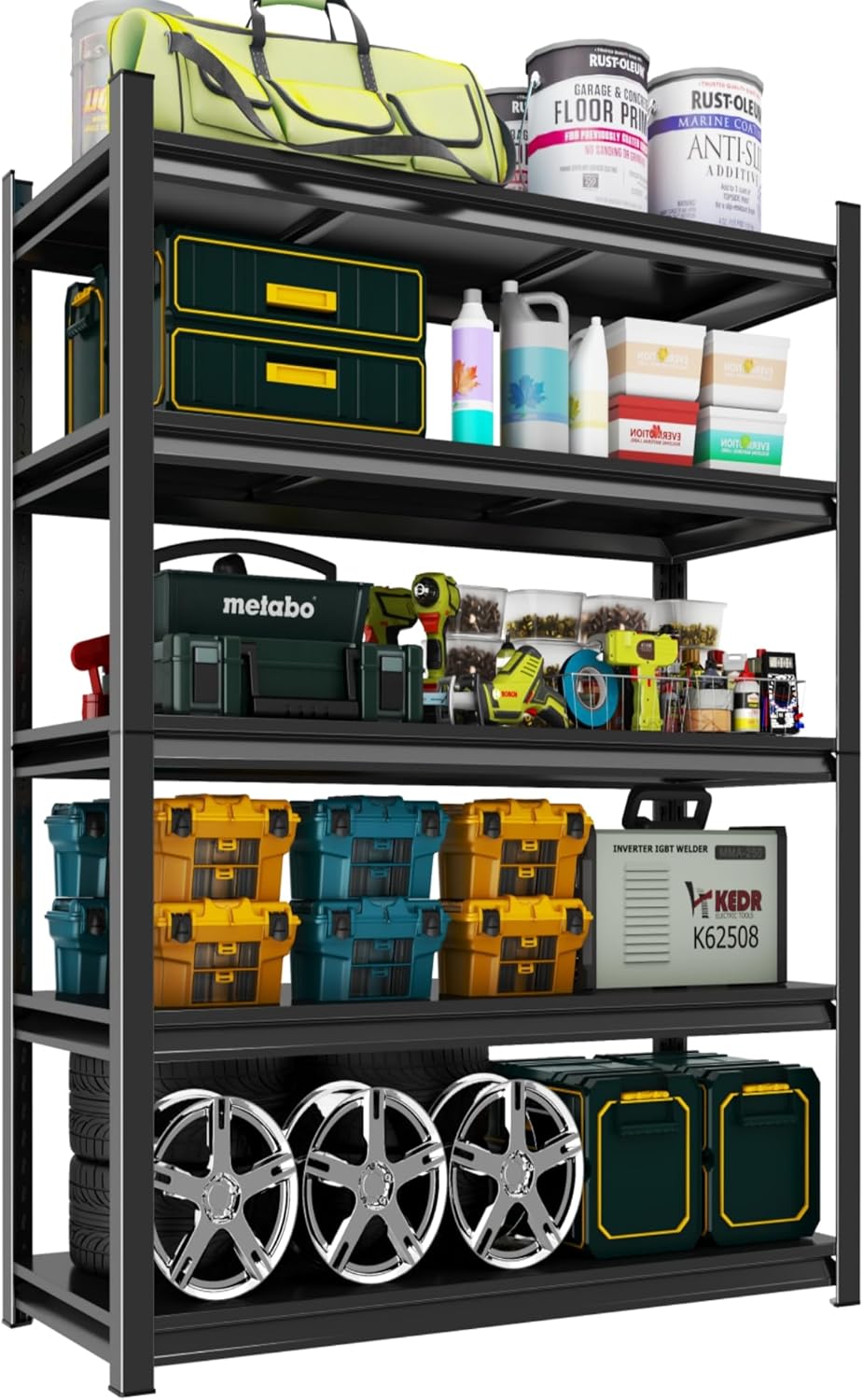 Metal Garage Shelving Unit, Heavy Duty 5-Tier Adjustable Storage Rack, Steel Shelving,2000 lbs Capacity, Industrial Shelves for Heavy Tools and Equipment (5-Tier 63" H x 24" W x 14" D)
