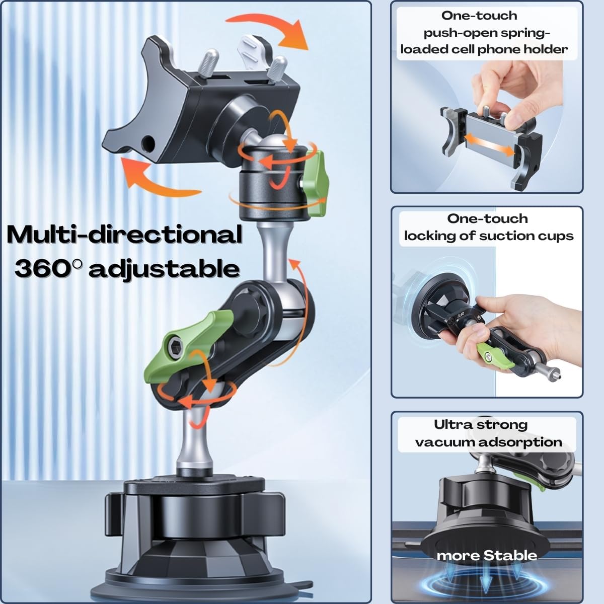 Suction Cup Phone Mount, Ultra-Stable Phone Holder for Vlog Shooting, 360 Rotation for Windshield, Roof Glass, Car Window, Fit for All Smartphones