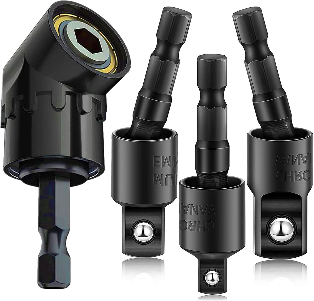 Right Angle Drill Adaptor,4-in-1 Impact Drill Bit Extension,360° Rotatable 1/4 3/8 1/2" Impact Grade Socket Adapter Set,105 Degree Angle Screwdriver Drill Bit for Household Workplace Industry