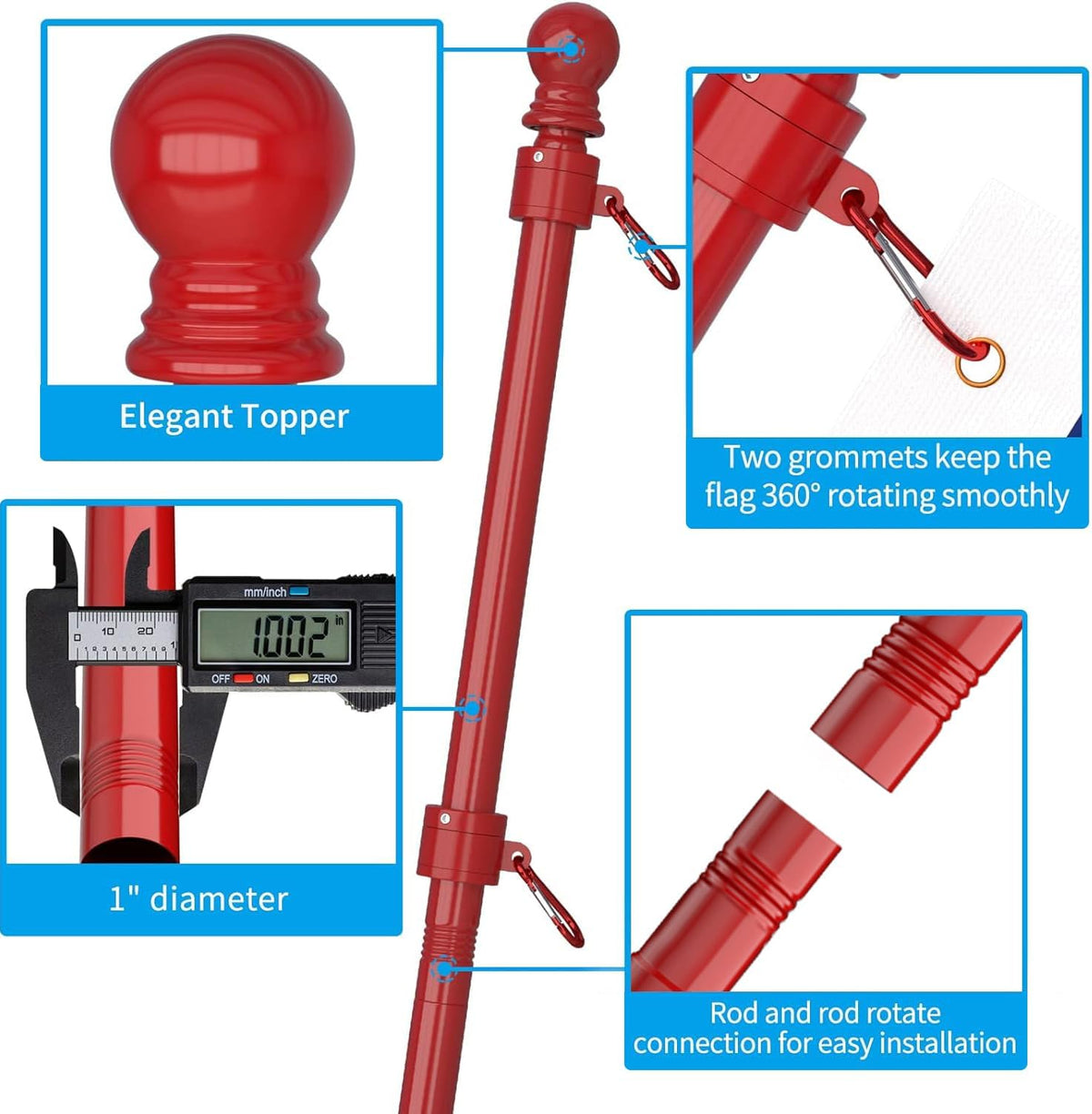 ZMTECH Flag Pole - Upgraded Bracket, 6 FT Stainless Steel Flag Poles for Outside House, Residential or Commerical, Tangle Free Flag Pole Kit for American Flag (Without Flag, Red)