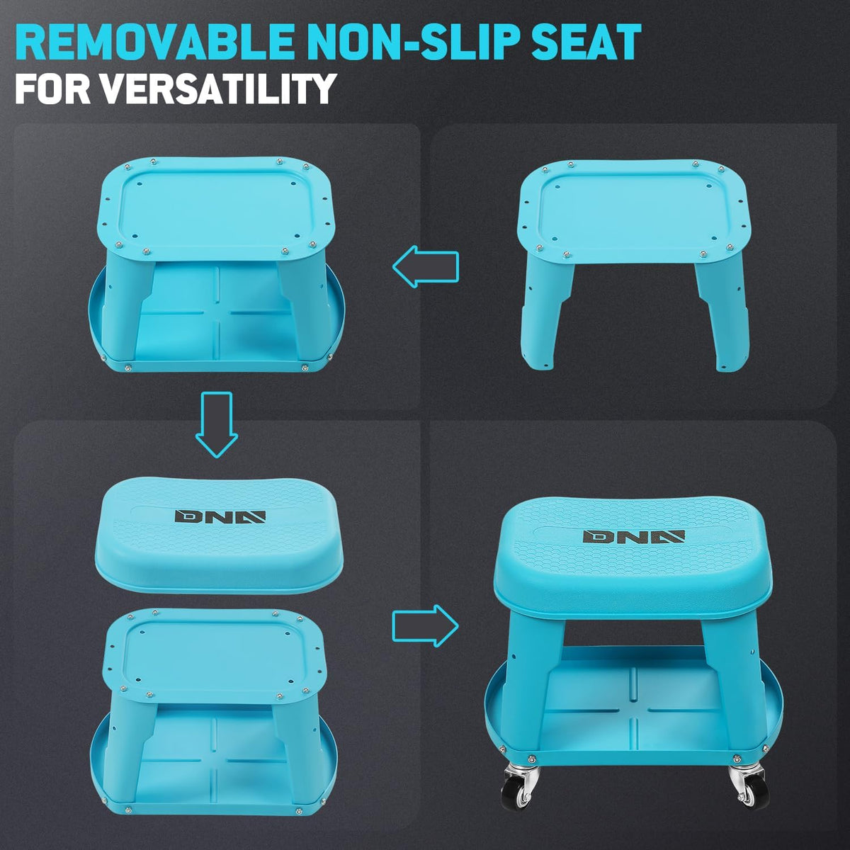 DNA MOTORING Removable Rolling Garage Stool with Seat Cushion & Tool Tray Plate, 300lbs Max Weight Capacity, Blue, TOOLS-00479