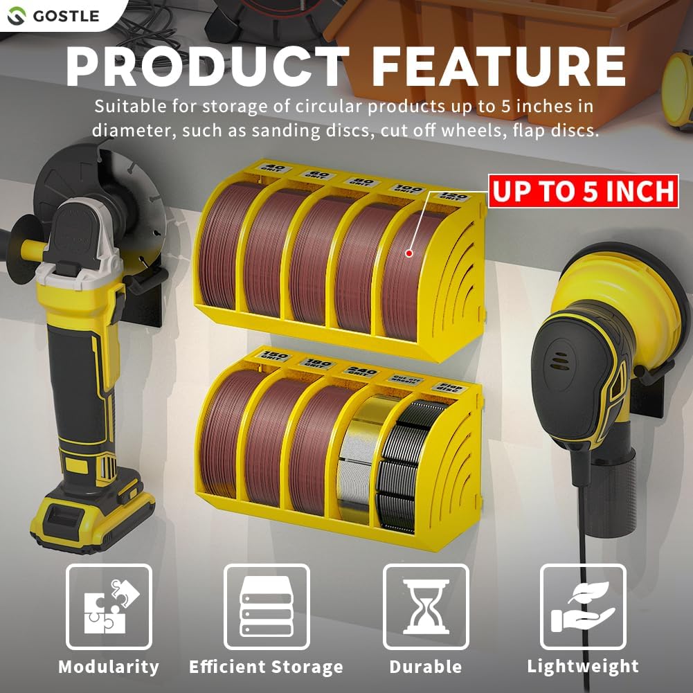 5 Inch Professional Sanding Discs Storage Bins - 10 Bins Set for Efficient Organization, Offset Snap-On Connection, Grit Classification, Space-Saving Design and Versatile Application, Yellow