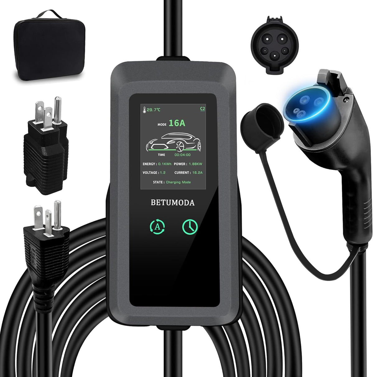 Portable Level 1&2 EV Charger, 16Amp Adjustable Current, Wallbox for Home/Travel, 110V/240V, NEMA 5-15&6-20 Plugs, 24.99FT Cable, Compatible with J1772 Electric Cars, Tesla Needs Adapter
