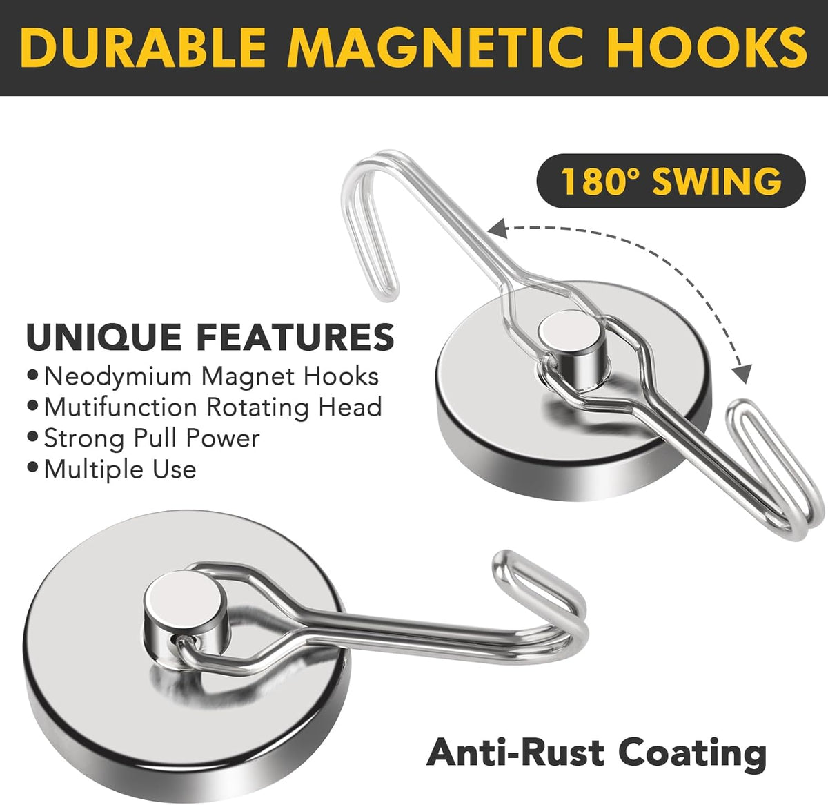 MIKEDE Magnetic Hooks Heavy Duty, 110LB Swivel Swing Strong Magnetic Hooks Cruise,Neodymium Hook Magnets for Home, Kitchen, Workplace, Metal Door, Office and Garage - Pack of 4
