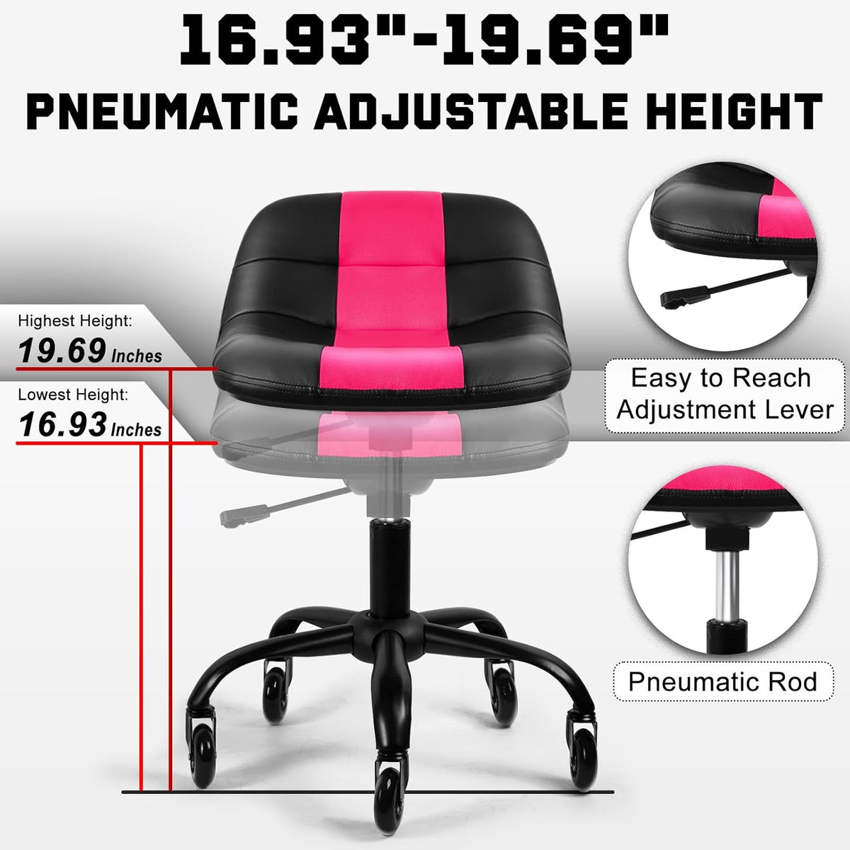 Rolling Stool with Wheels, Garage Shop Stool with Backrest, Roller Seat with Pneumatic Adjustable Height 16.93"-19.69", Heavy Duty Multi-Purpose Chair for Shop Salon Office Home, Pink