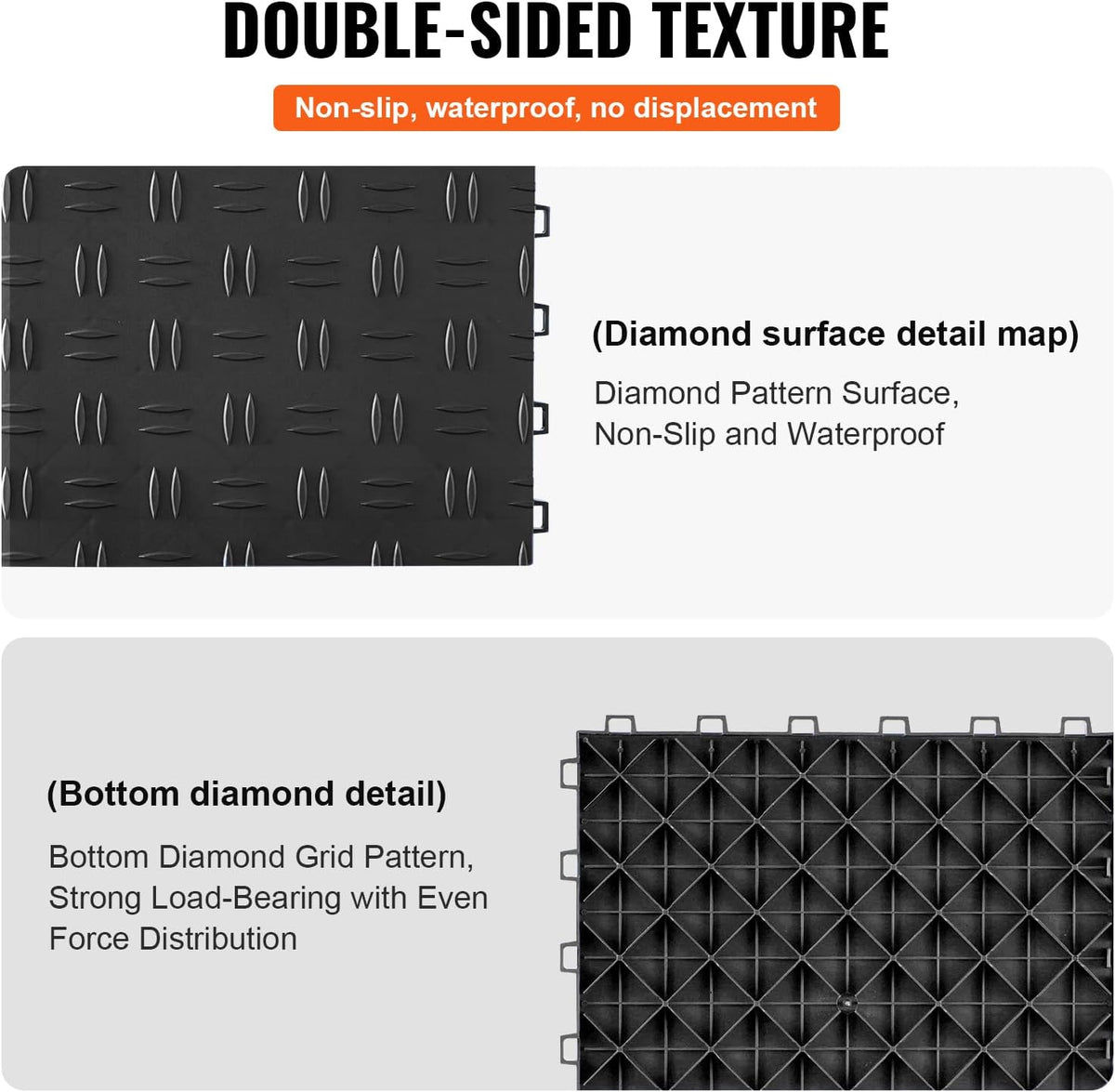 VEVOR Garage Tiles Interlocking, 12 x 12 x 0.53 inch 50 Pack Garage Floor Covering Tiles, Non-Slip Double-Sided Texture Garage Flooring Tiles, for Garages, Basements, Repair Shops, Black