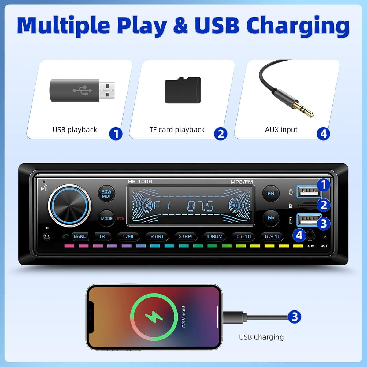 Single Din Bluetooth 5.0 Hands-Free Calling Car Stereo LCD Digital Display FM Radio MP3 Media Player USB/AUX/TF Card Input, USB Fast Charging