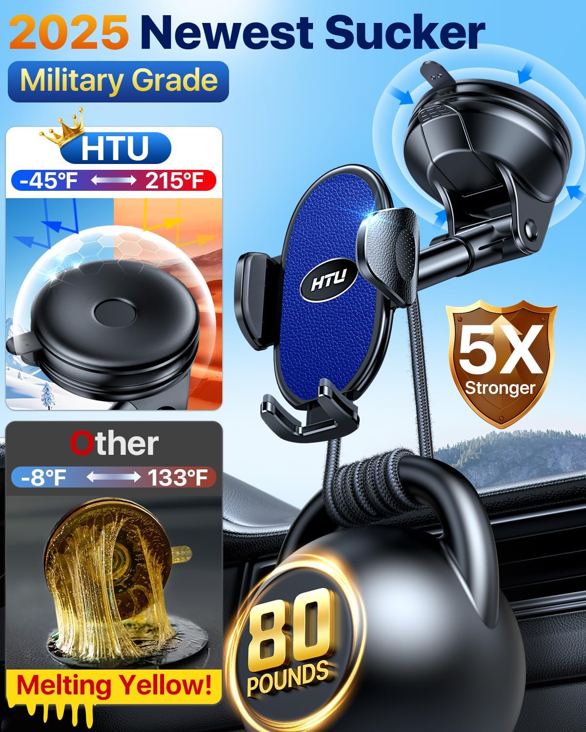 HTU 【Military-Grade Suction】 2025 Cell Phone Holder for Car【Flexible Telescopic Arm】 Car Phone Mount Stand for Dashboard Windshield for iPhone 16 Pro Max 15 14 13 12 Samsung Truck Jeep, Dark Blue